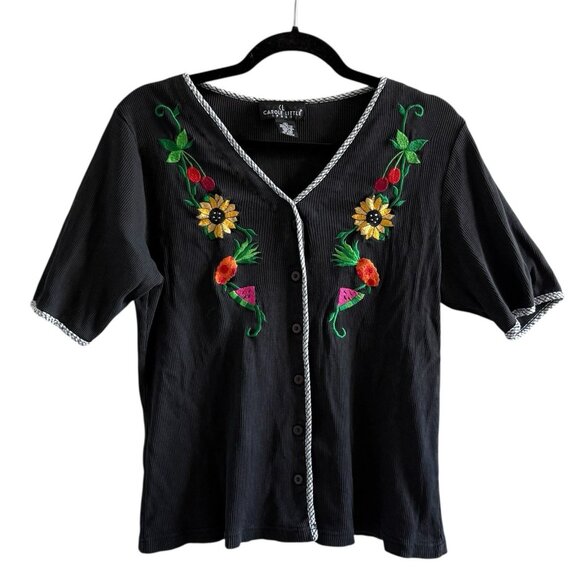 VTG 80s 90s Fruit Sunflower Cherry Embroidered Ribbed Top L/XL Button Front - Picture 1 of 8